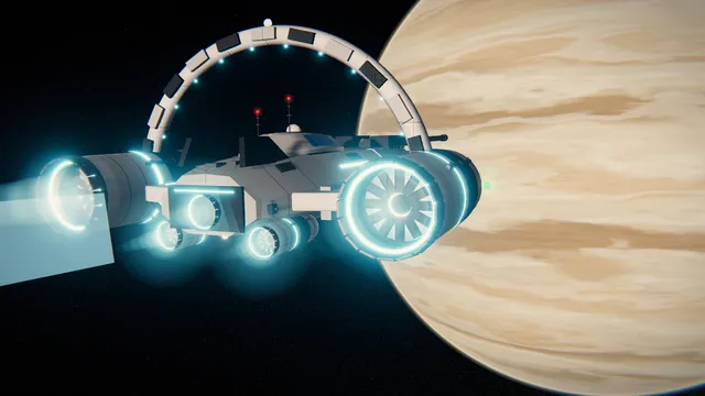 A ship close up, its engines lit, in front of a gas giant