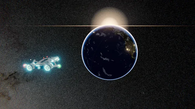 A ship holding off Earth’s night side as the Sun rises over the planet’s edge
