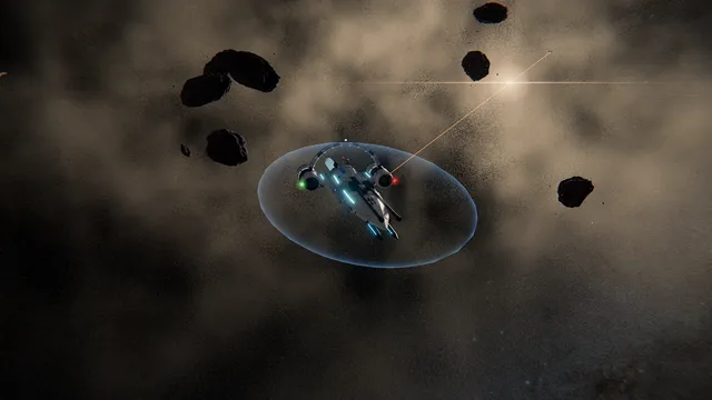 A cruiser under a shield bubble among asteroids