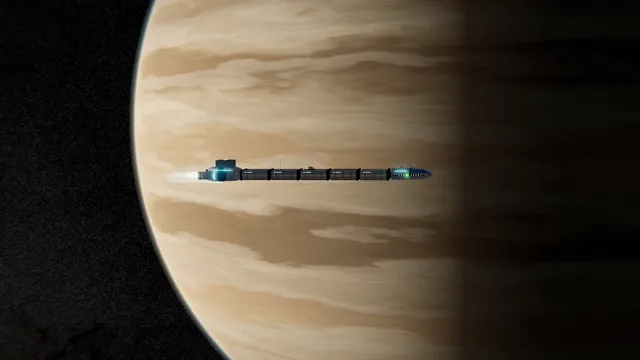 A long freighter crossing in front of a banded gas giant