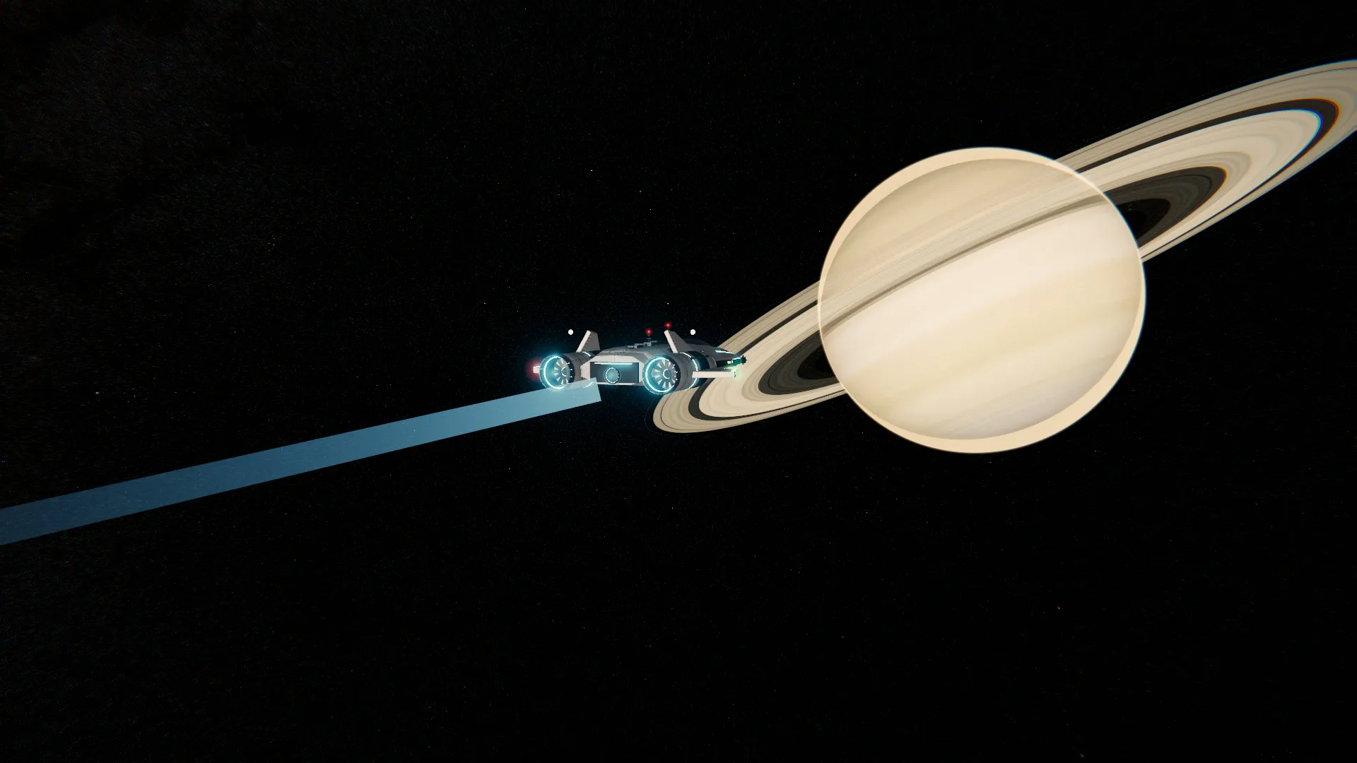 A small ship dropping out of warp beside Saturn’s rings