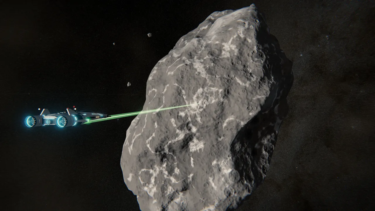 A mining ship cutting into a grey asteroid with a green beam