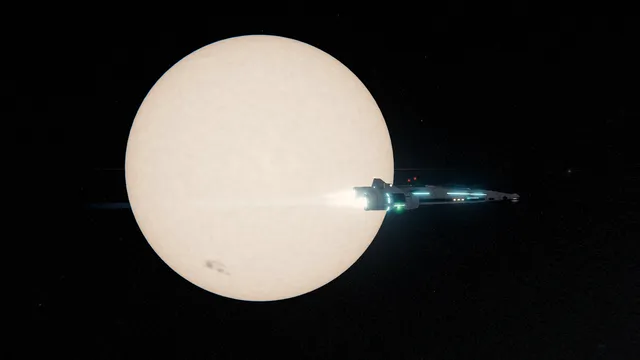 A ship passing in front of the white disc of Alpha Centauri A